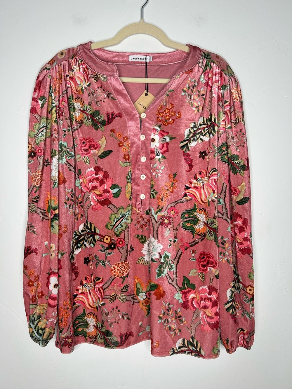 NWT Cherry Betty Pink Floral Velvet Blouse Silk Blend Size Large Office Boho